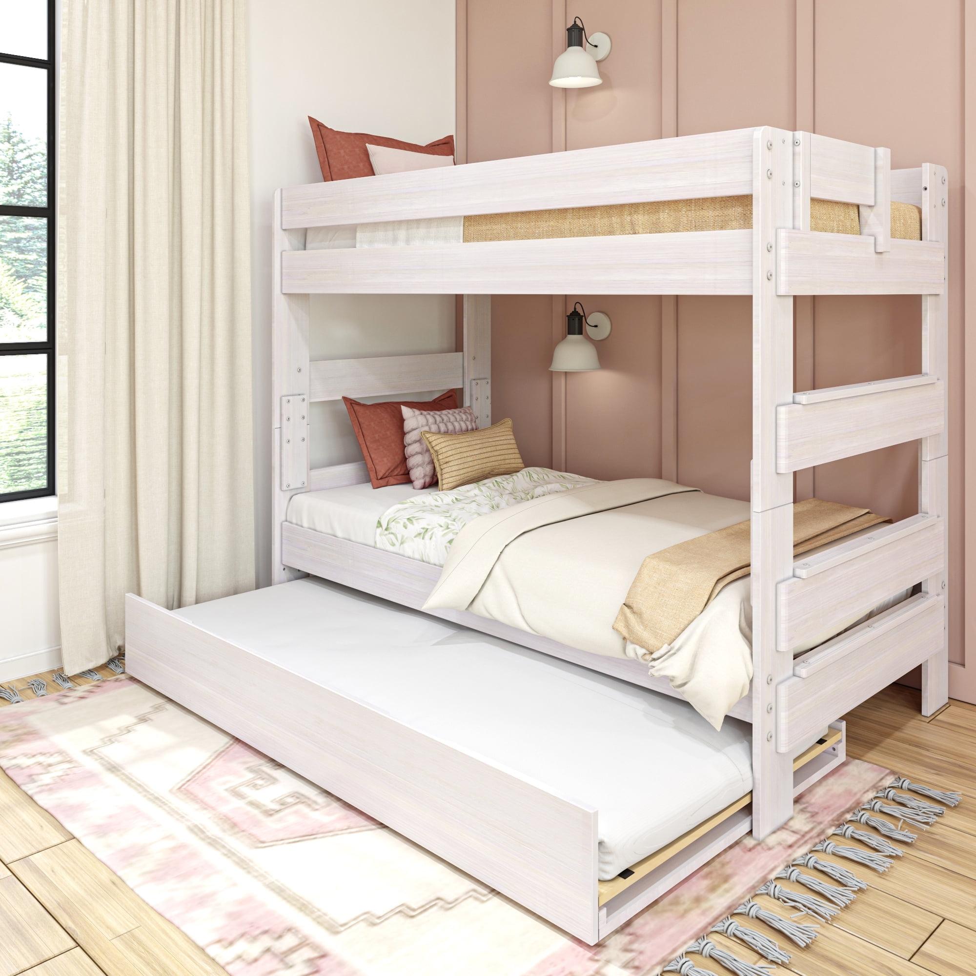 Max & Lily Solid Wood Modern Farmhouse Twin over Twin Bunk Bed with Trundle, White Wash