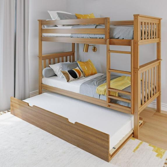 Max & Lily Solid Wood Twin over Twin Bunk Bed with Storage Trundle for Kids, Pecan