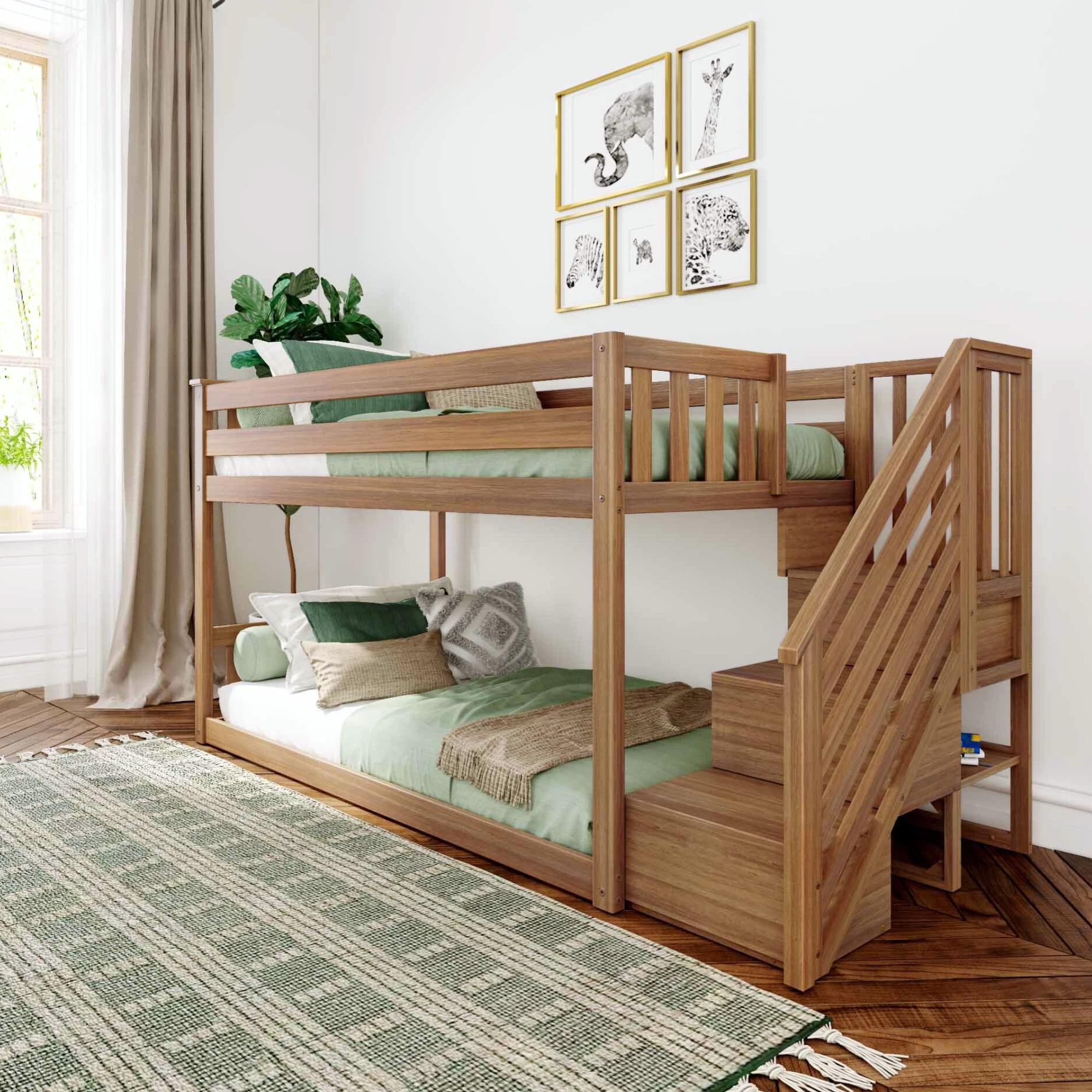 Max & Lily Solid Wood Twin over Twin Low Bunk Bed for Kids with Staircase, Pecan