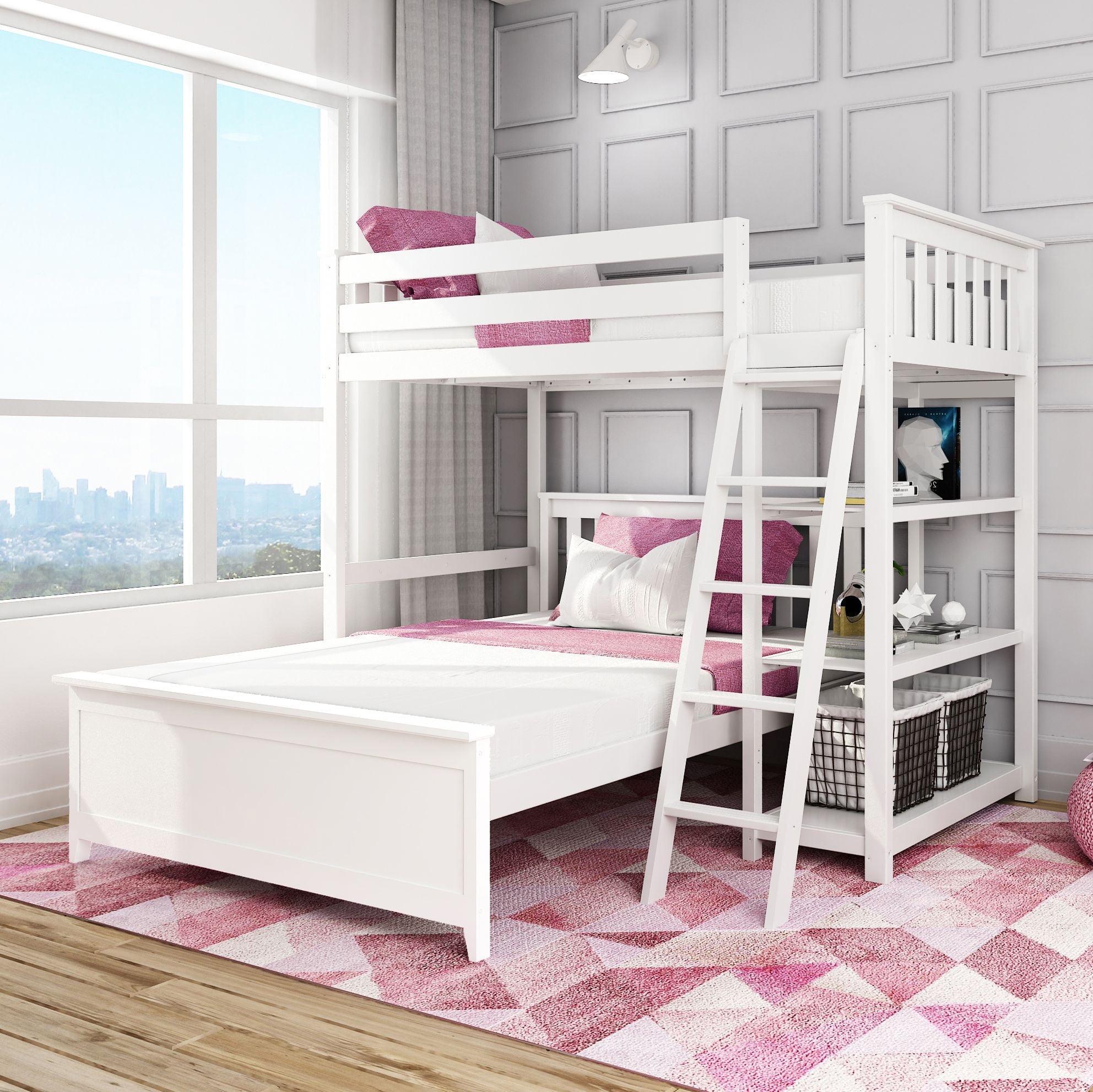 Max & Lily Solid wood L-Shaped Bunk Bed, Twin over Full with Bookcase for Kids, White