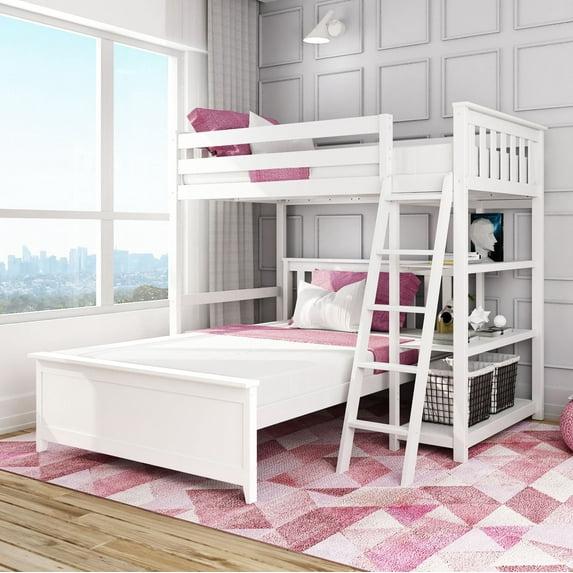 Max & Lily Solid wood L-Shaped Bunk Bed, Twin over Full with Bookcase for Kids, White
