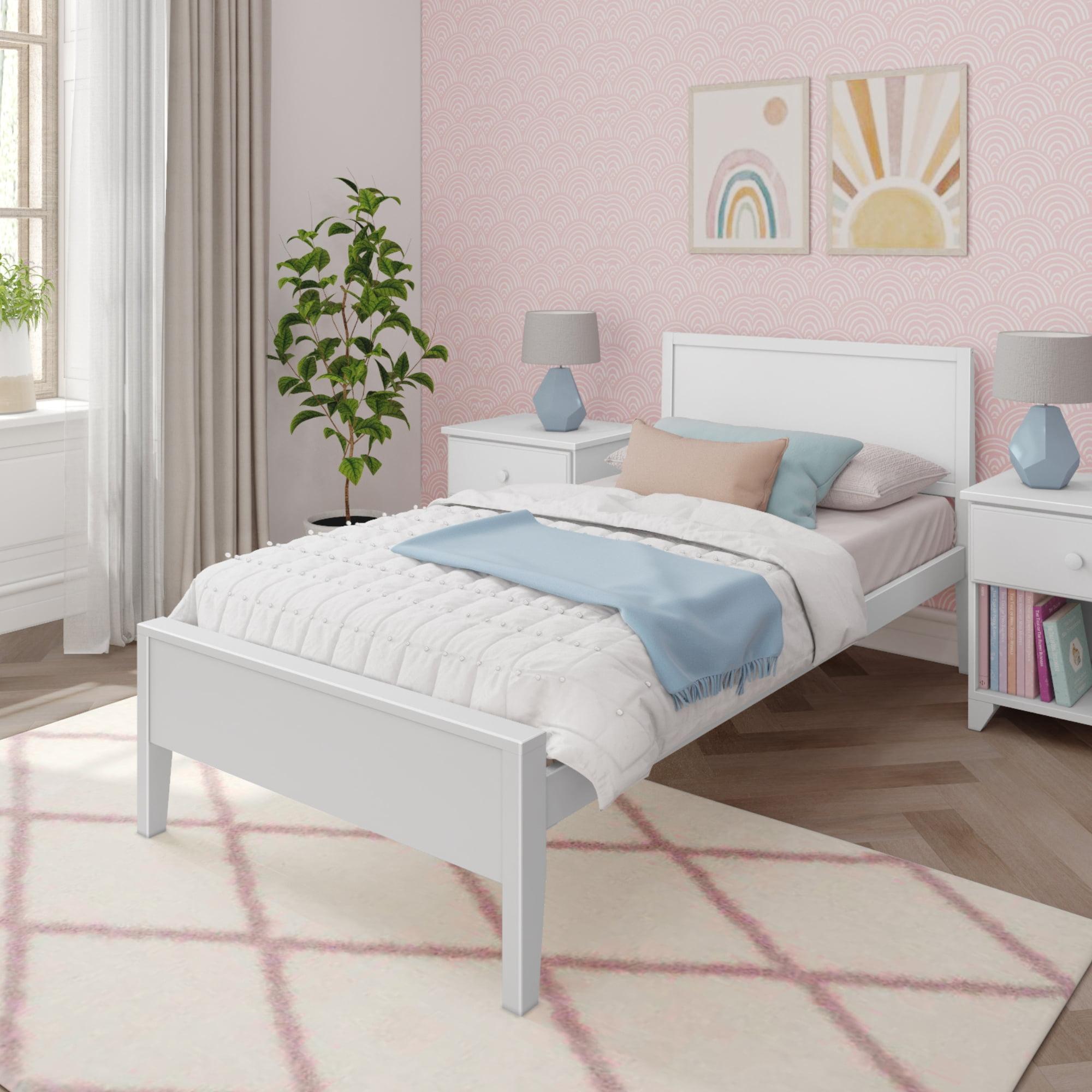 Max & Lily Twin Bed Frame, Solid Wood Classic Platform Bed with Panel Headboard for Kids