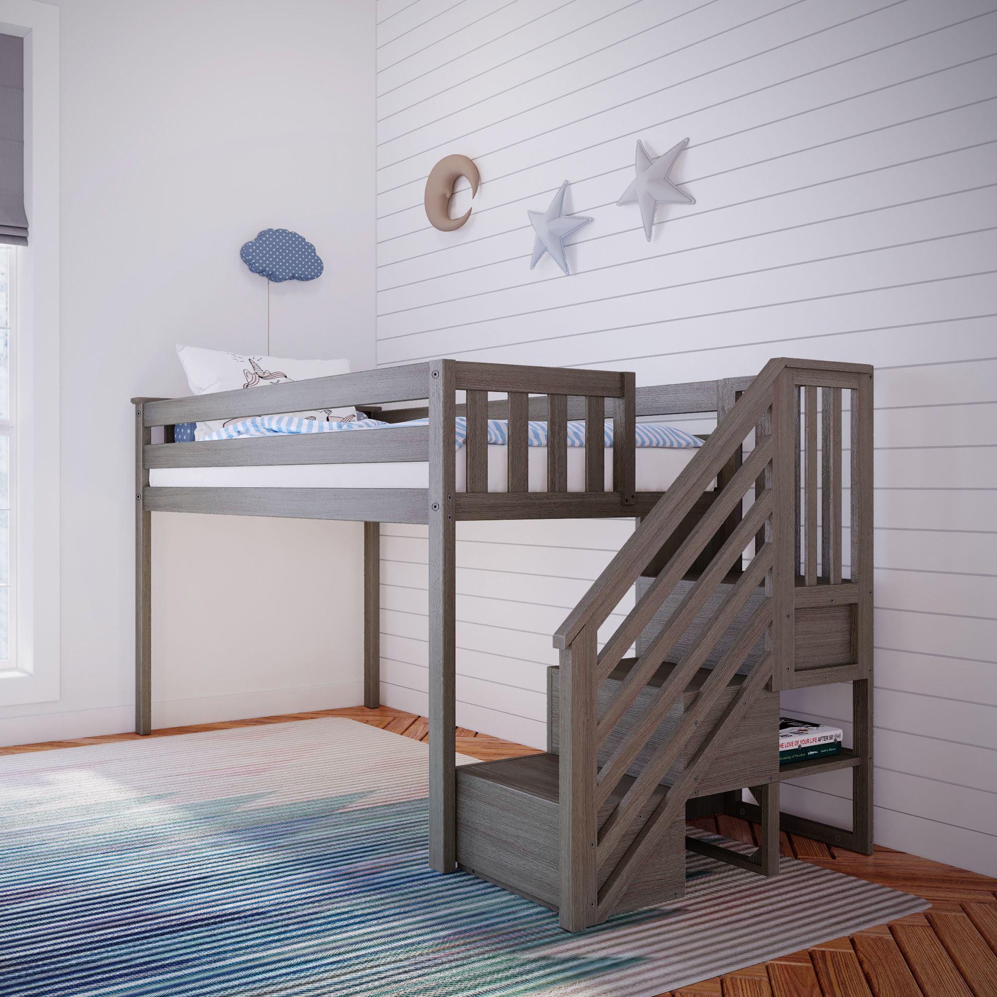 Max & Lily Twin Loft Bed with Stairs, Solid Wood Loft Beds with Ladder for Kids, Clay