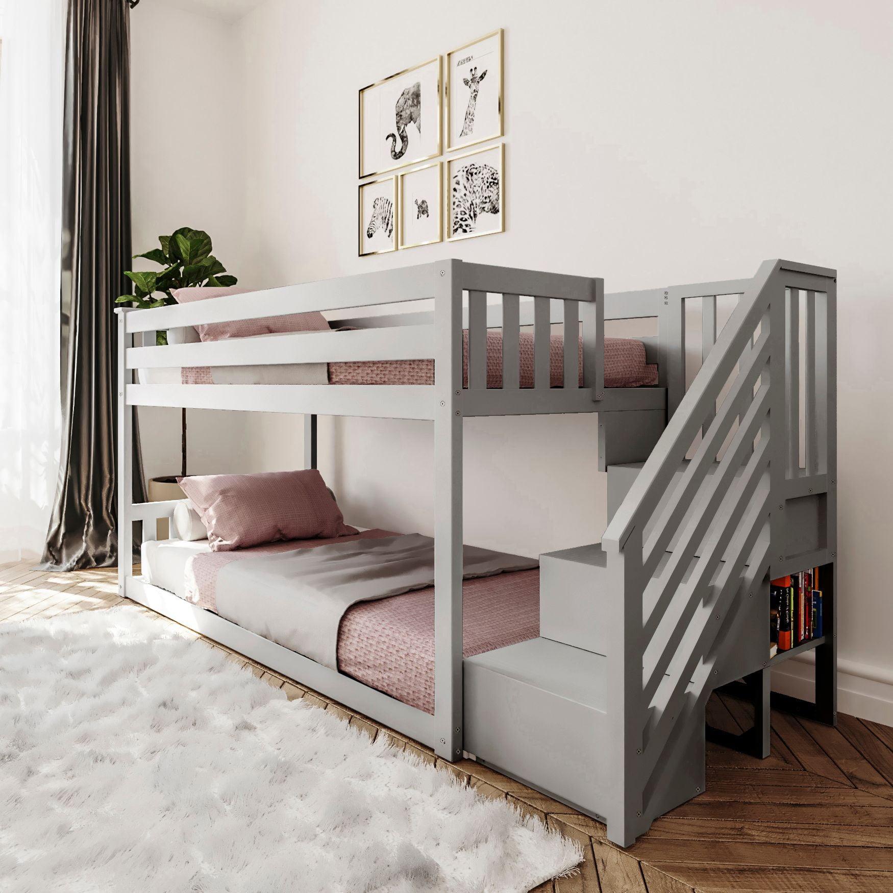 Gray Twin Over Twin Low Bunk Bed with Storage Stairs