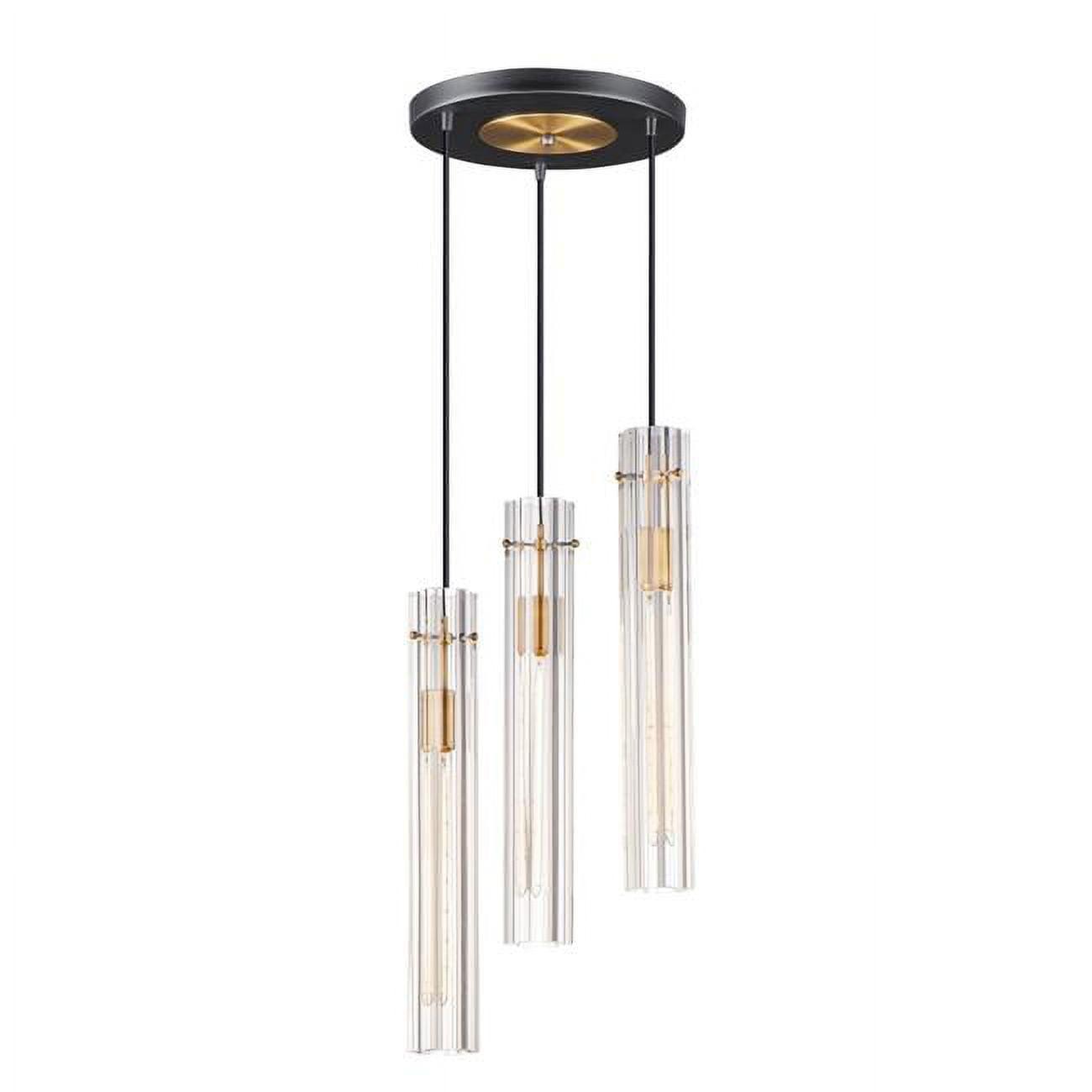 Elegant Flambeau 3-Light Chandelier in Black & Antique Brass with Crackle Glass