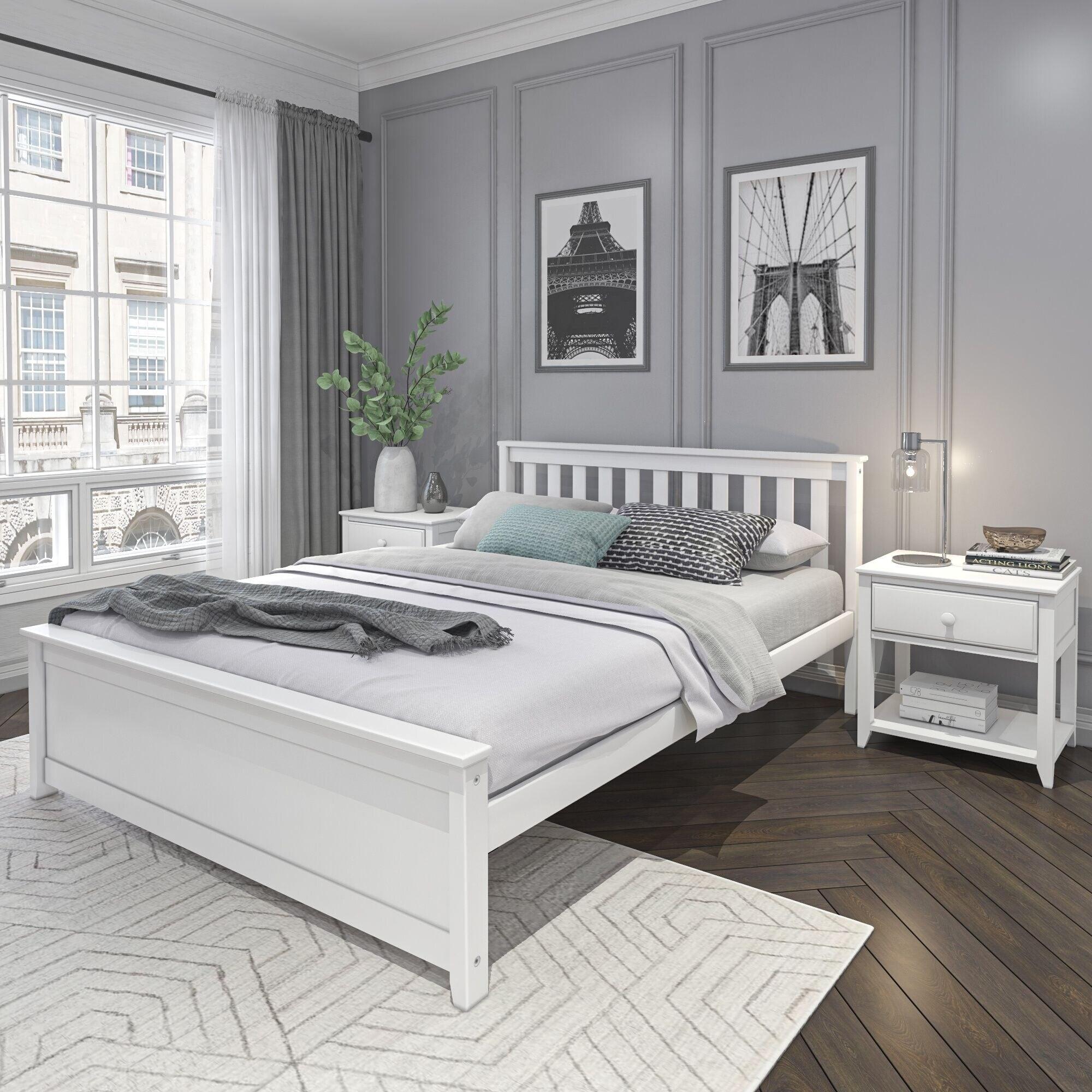 Plank+Beam Queen Bed Frame with Slatted Headboard Solid Wood Platform Bed, No box Spring Needed, White