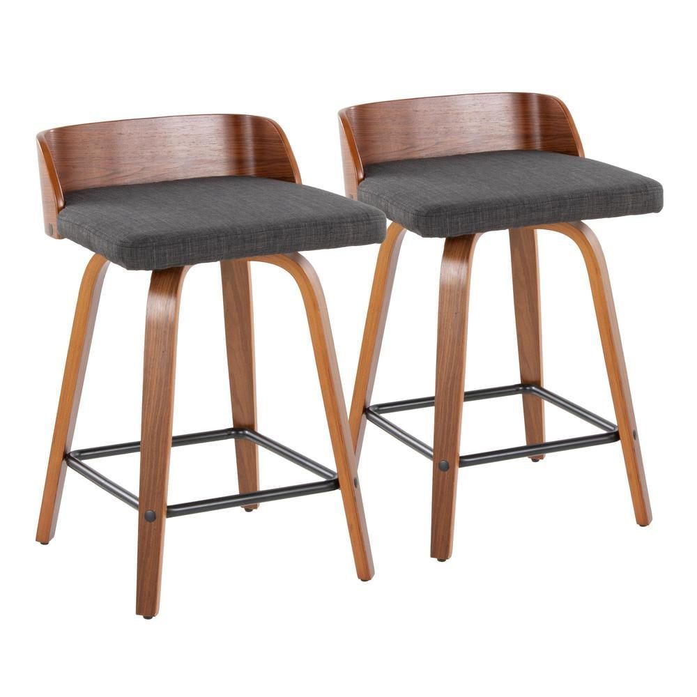 Maya 30" Mid-Century Modern Fixed-Height Barstool With Swivel In Wood And Fabric With Square Chrome Metal Footrest - Set Of 2