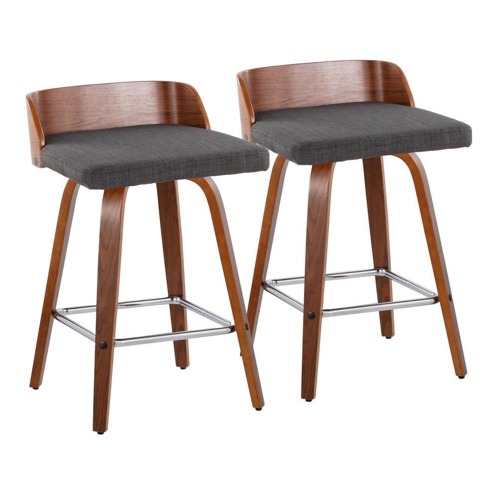 Maya 30" Mid-Century Modern Fixed-Height Barstool With Swivel In Wood And Fabric With Square Chrome Metal Footrest - Set Of 2