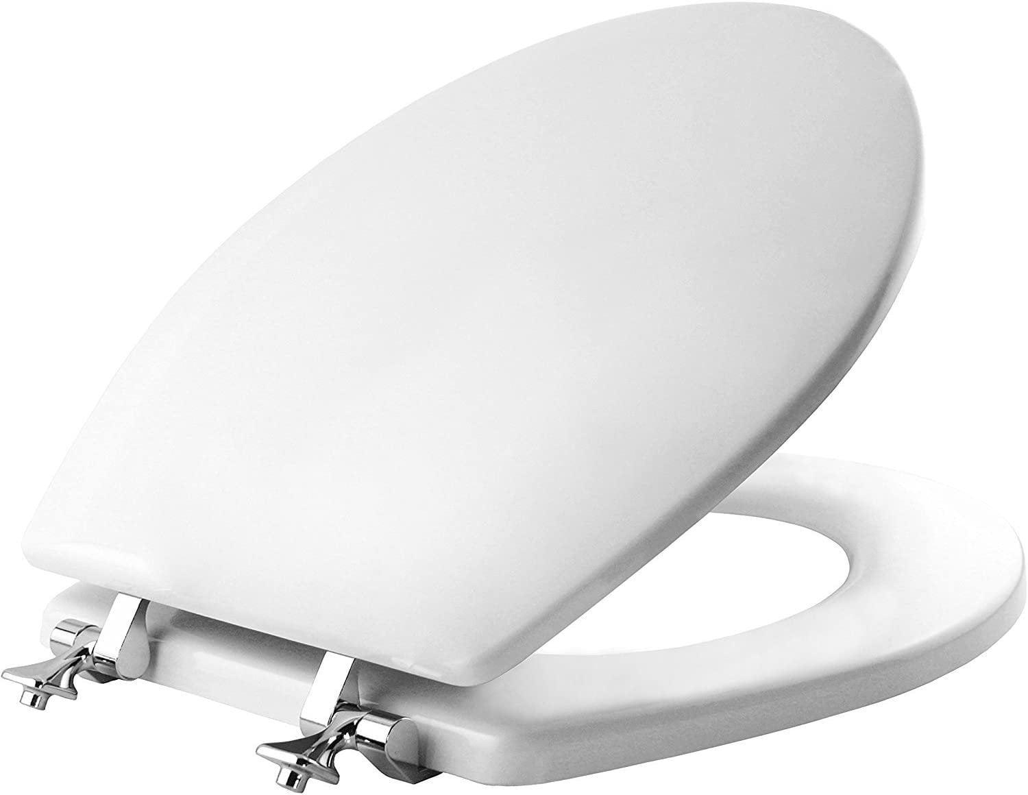 White Round Molded Wood Toilet Seat with Chrome Hinges