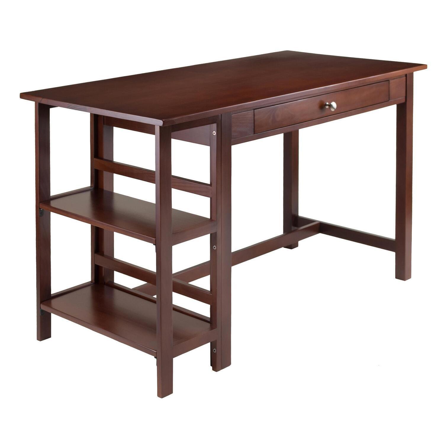 Transitional Walnut Wood Home Office Desk with Drawer and Shelves