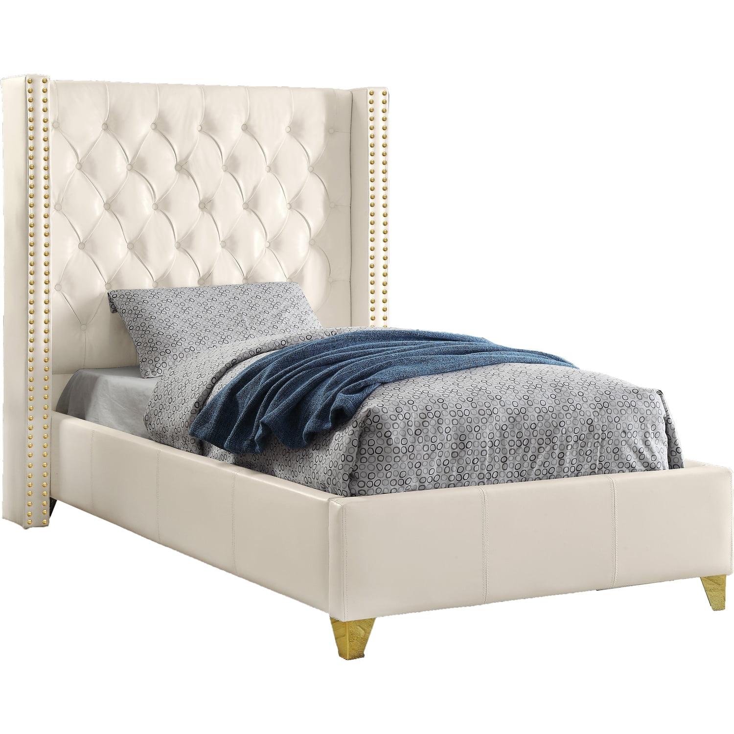 White Twin Upholstered Wood Bed with Tufted Headboard