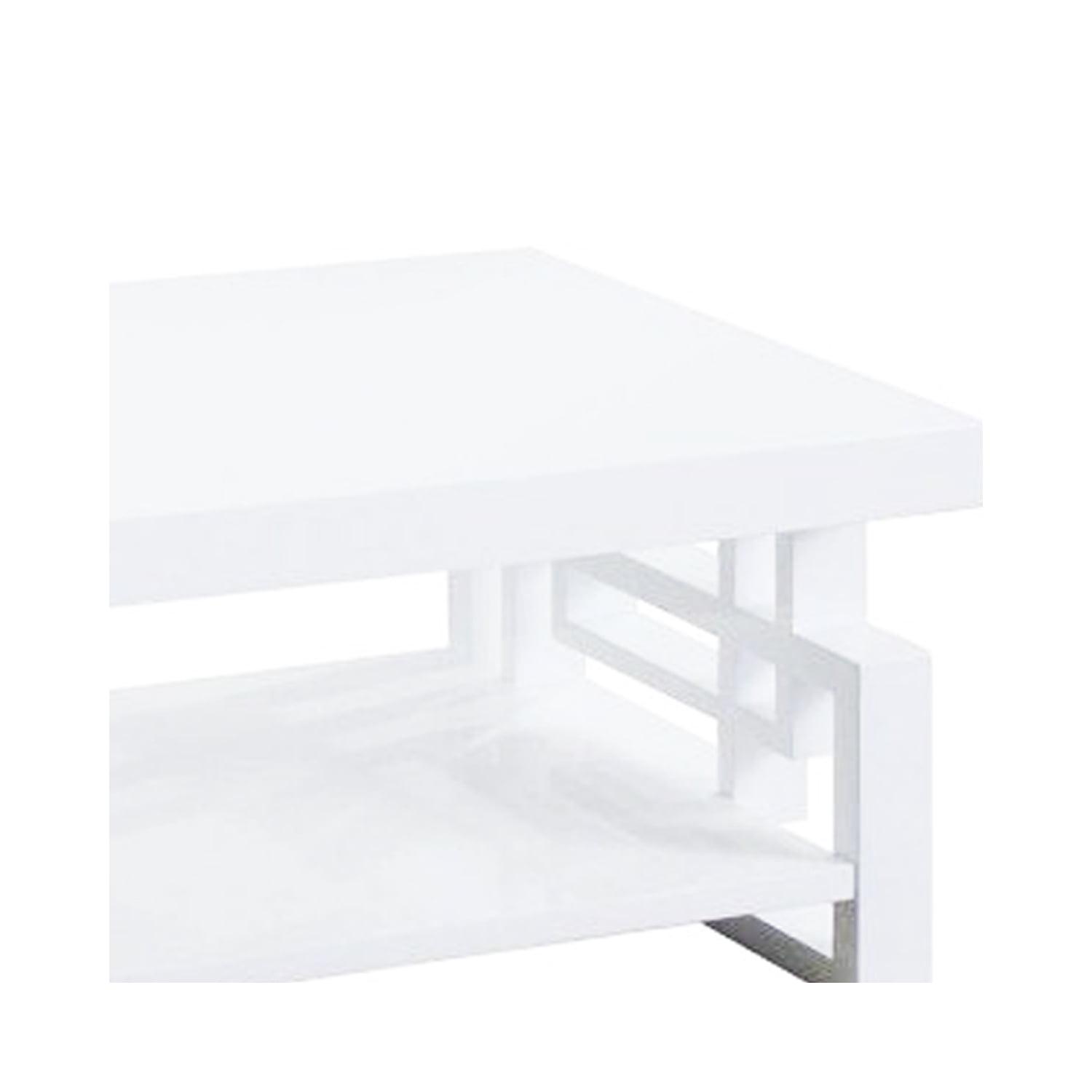 Glossy White Rectangular Wooden Coffee Table with Storage Shelf