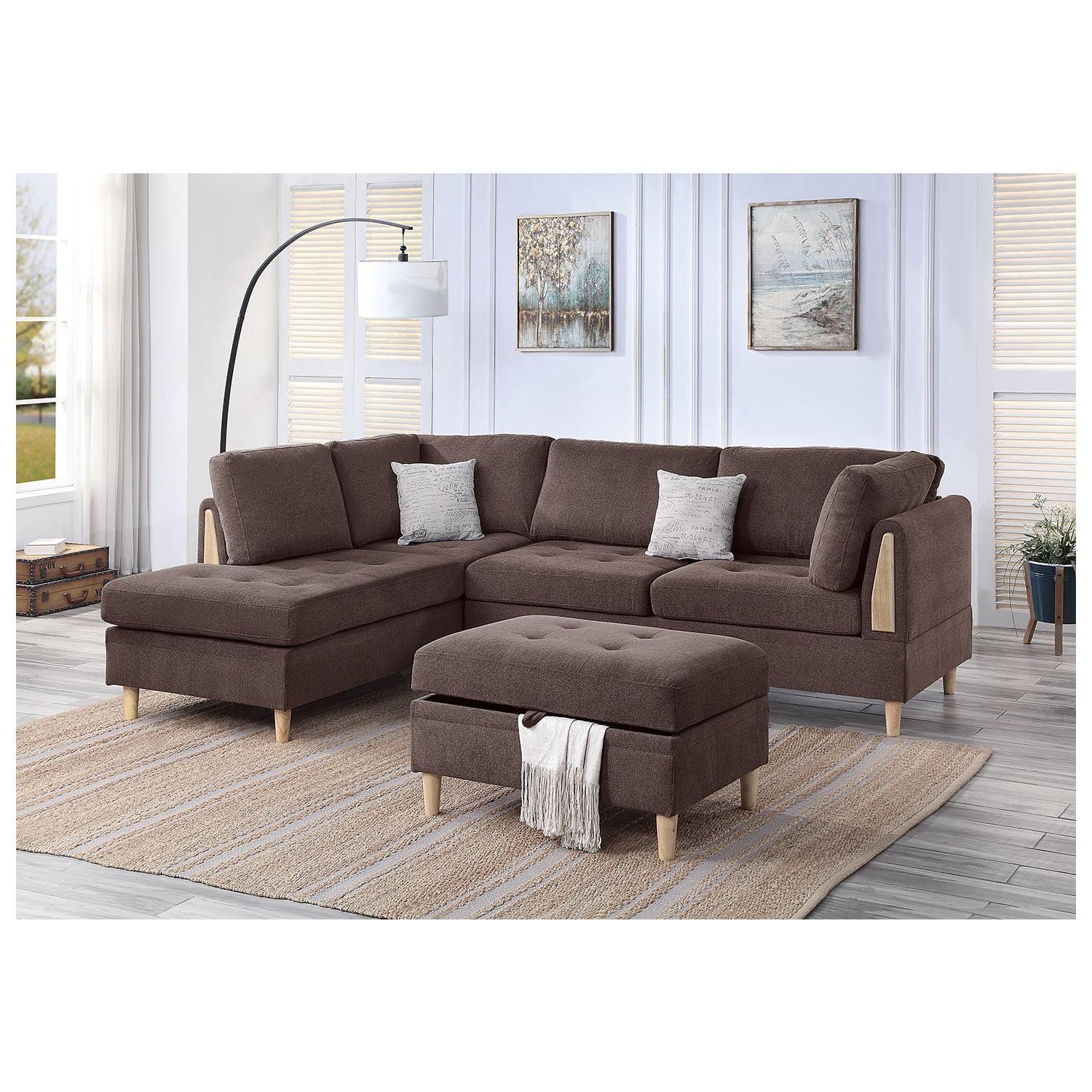 Sectional Sofa 3 Piece Living Room Furniture Set Modern Chenille Chocolate