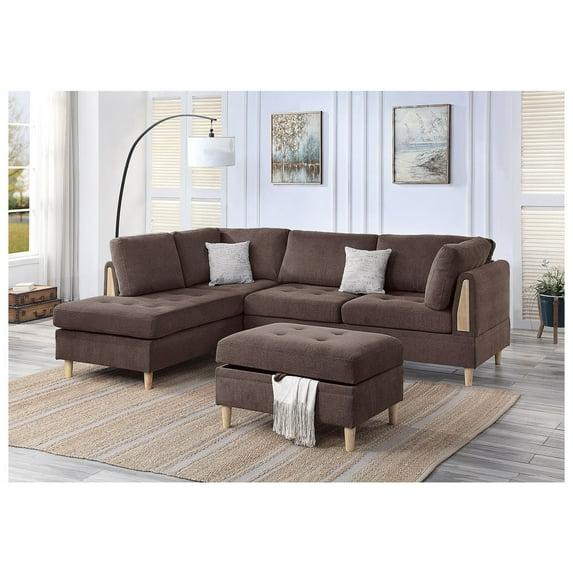 Sectional Sofa 3 Piece Living Room Furniture Set Modern Chenille Chocolate