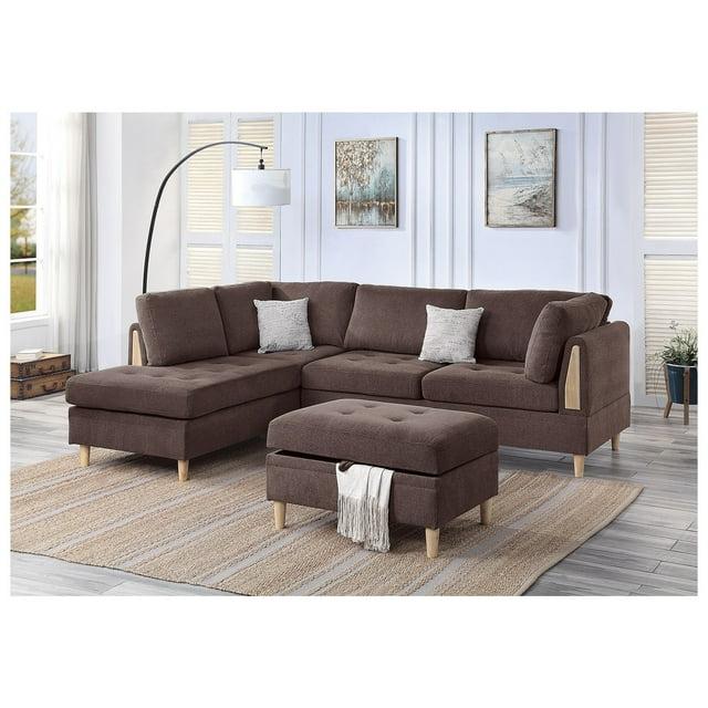 Sectional Sofa 3 Piece Living Room Furniture Set Modern Chenille Chocolate