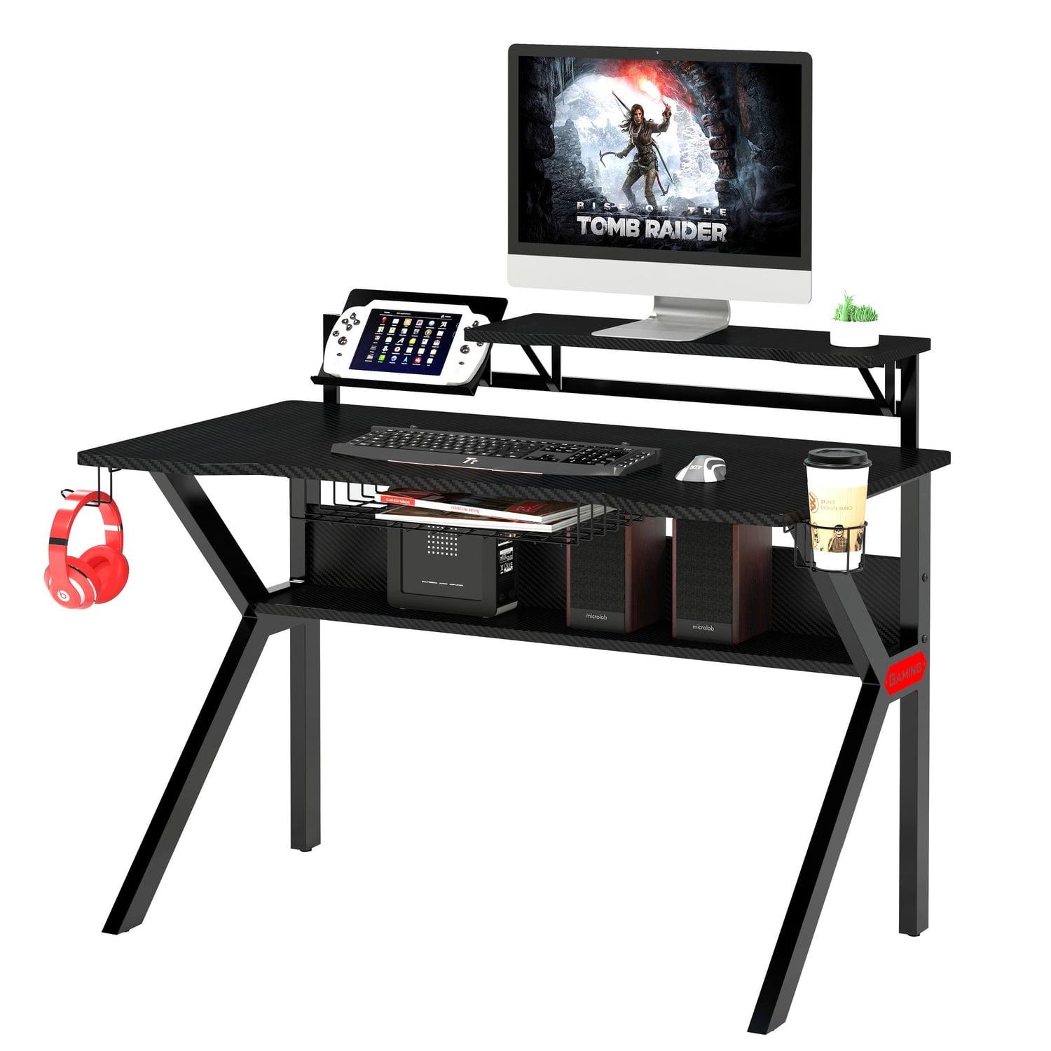 PVC Coated Ergonomic Gaming Desk with Open Storage Shelf & K-Shape Legs - The Urban Port