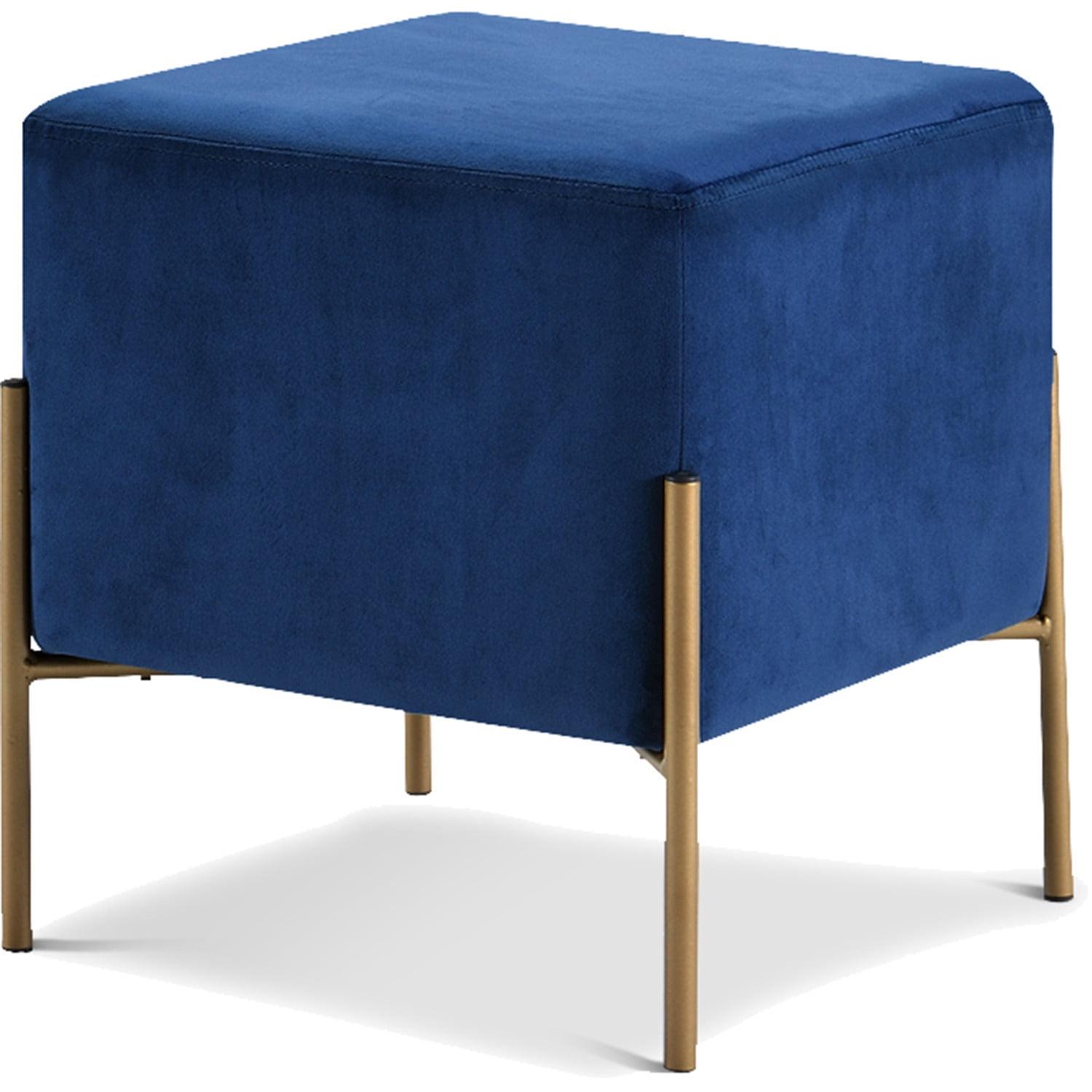 Isla Navy Velvet Square Pouf with Gold Stainless Steel Legs, 15.5"