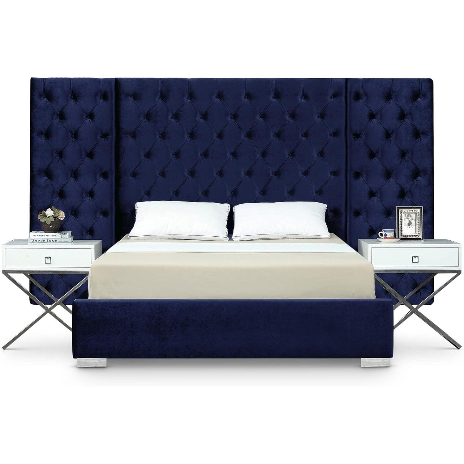 Grande Navy Velvet Queen Bed-Color:Navy Velvet,Style:Contemporary