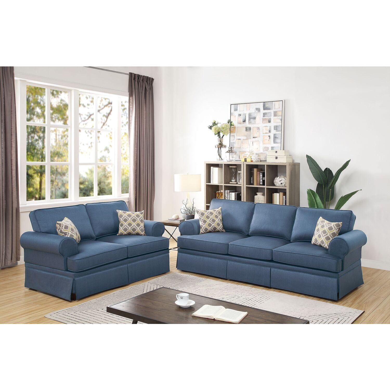 Fabric Loveseat Sofa Set - 2 Piece Living Room Furniture - Modern Design - Blue Finish