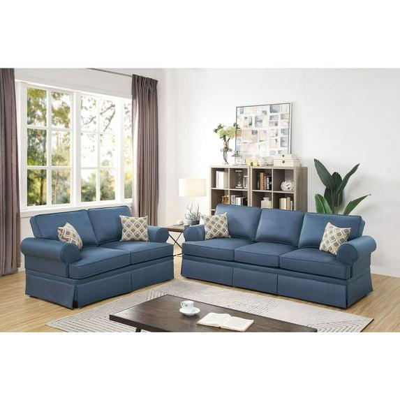 Fabric Loveseat Sofa Set - 2 Piece Living Room Furniture - Modern Design - Blue Finish