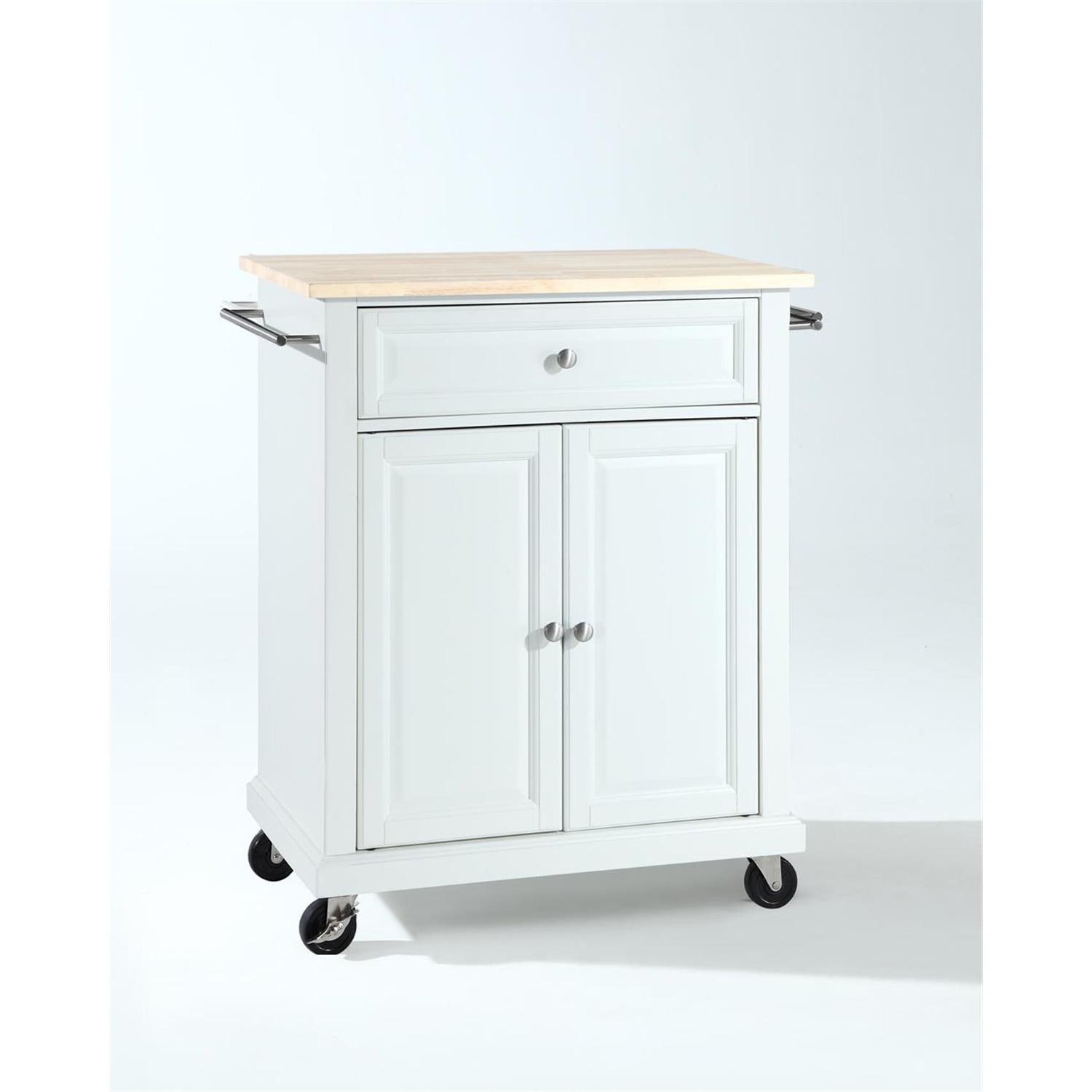 White Wood Kitchen Cart with Natural Top and Storage