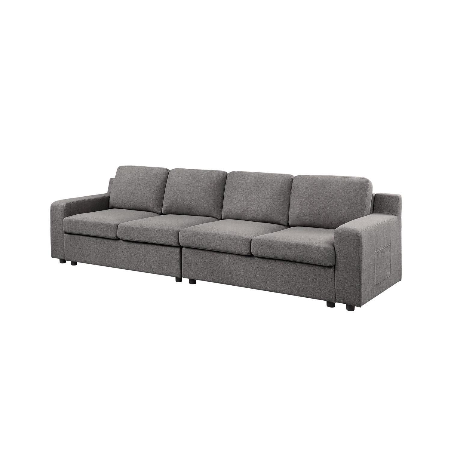 Waylon Gray Linen 4-Seater Sofa with Storage Pockets