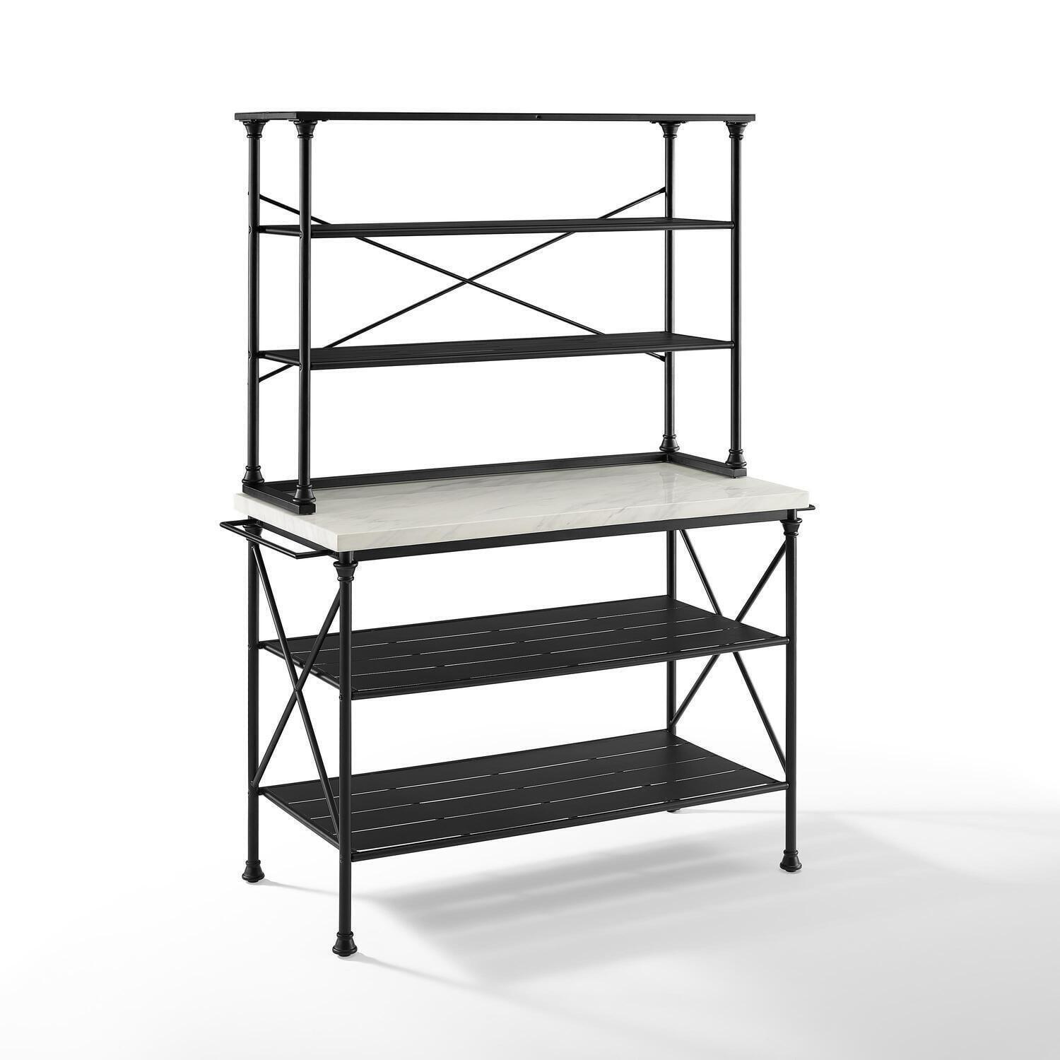Madeleine Kitchen Island and Hutch Matte Black - Crosley: Veneer Surface, Metal Frame, 6 Open Shelves