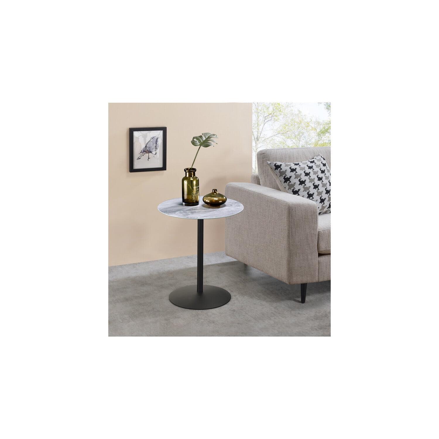 Gray Marble Textured Top Round End Table with Steel Base