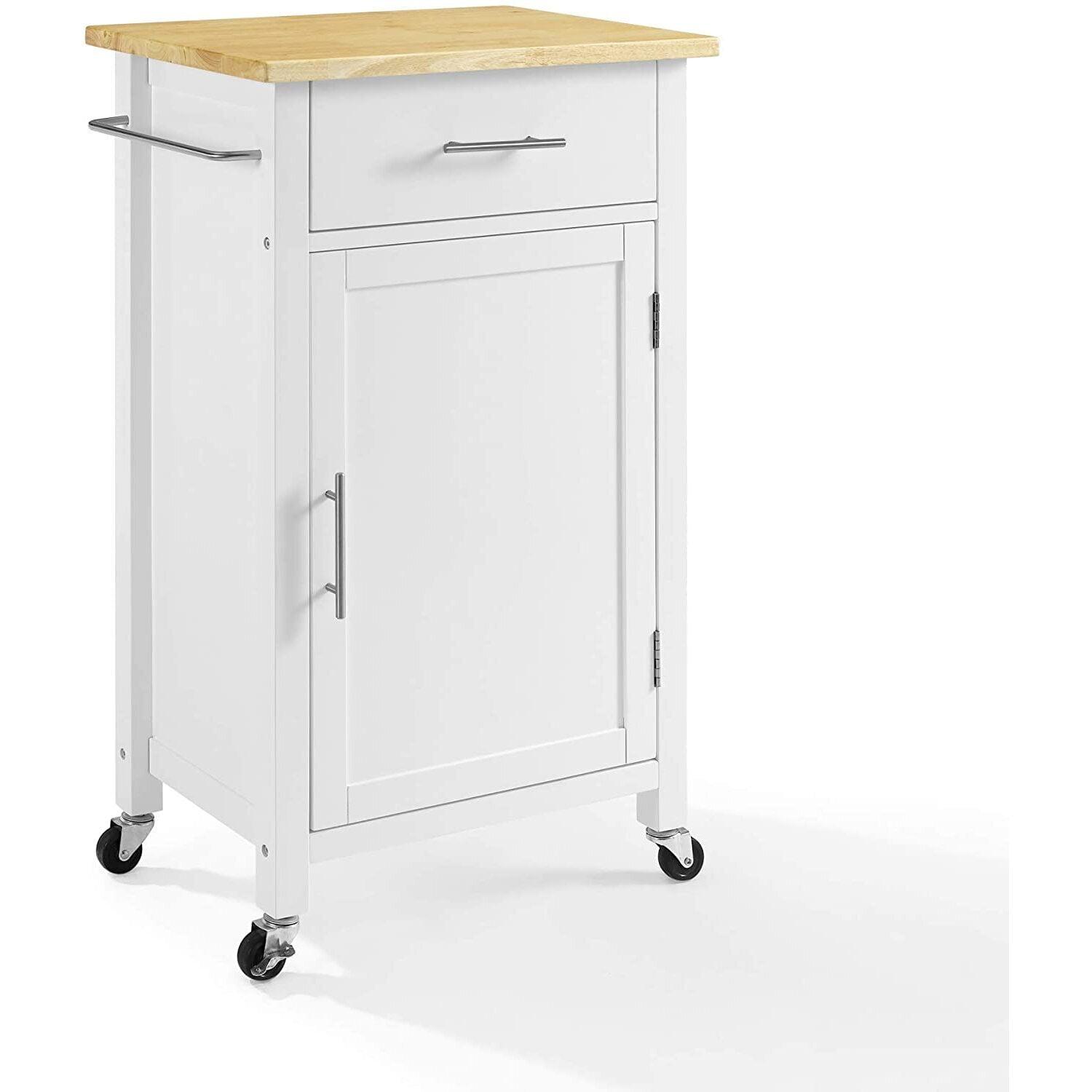 White and Natural Wood Top Compact Kitchen Island Cart