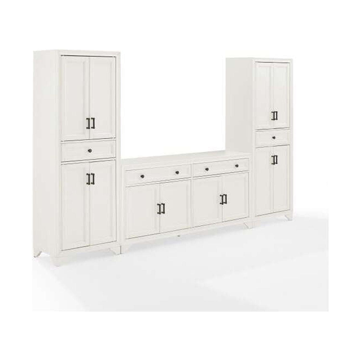 3pc Tara Sideboard and Pantry Set Distressed White - Crosley: Kitchen Storage, Adjustable Shelves, MDF