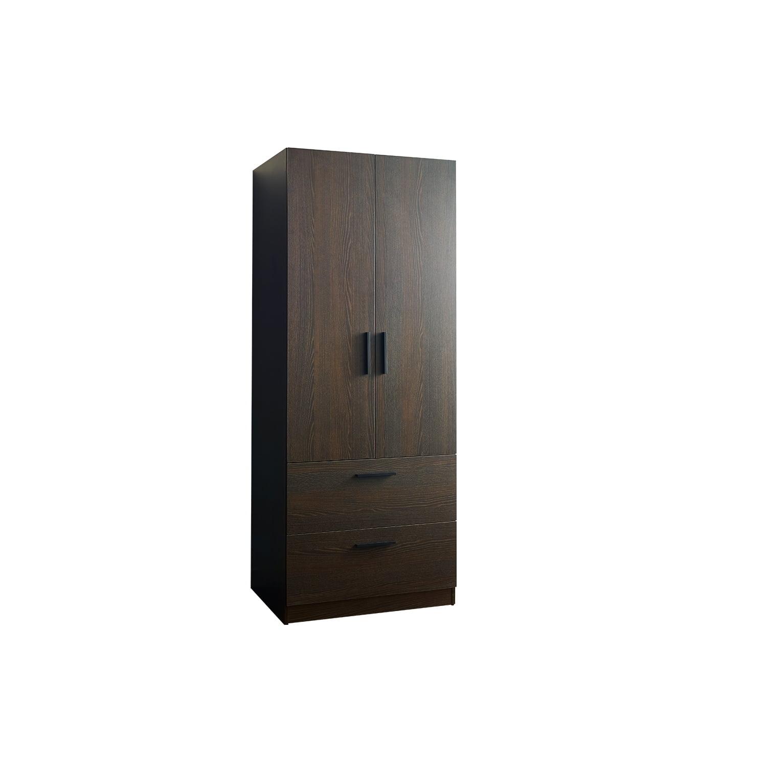 AndMakers Brook Two-Door Wood Closet with Two Drawers and Hanging Bars in Dark Brown