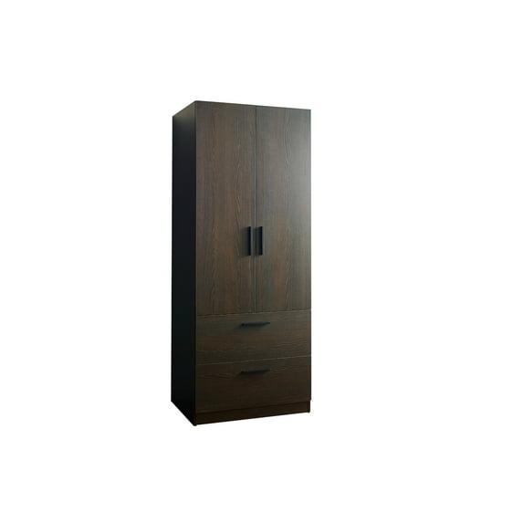 AndMakers Brook Two-Door Wood Closet with Two Drawers and Hanging Bars in Dark Brown