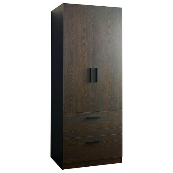 AndMakers Brook Two-Door Wood Closet with Two Drawers and Hanging Bars in Dark Brown