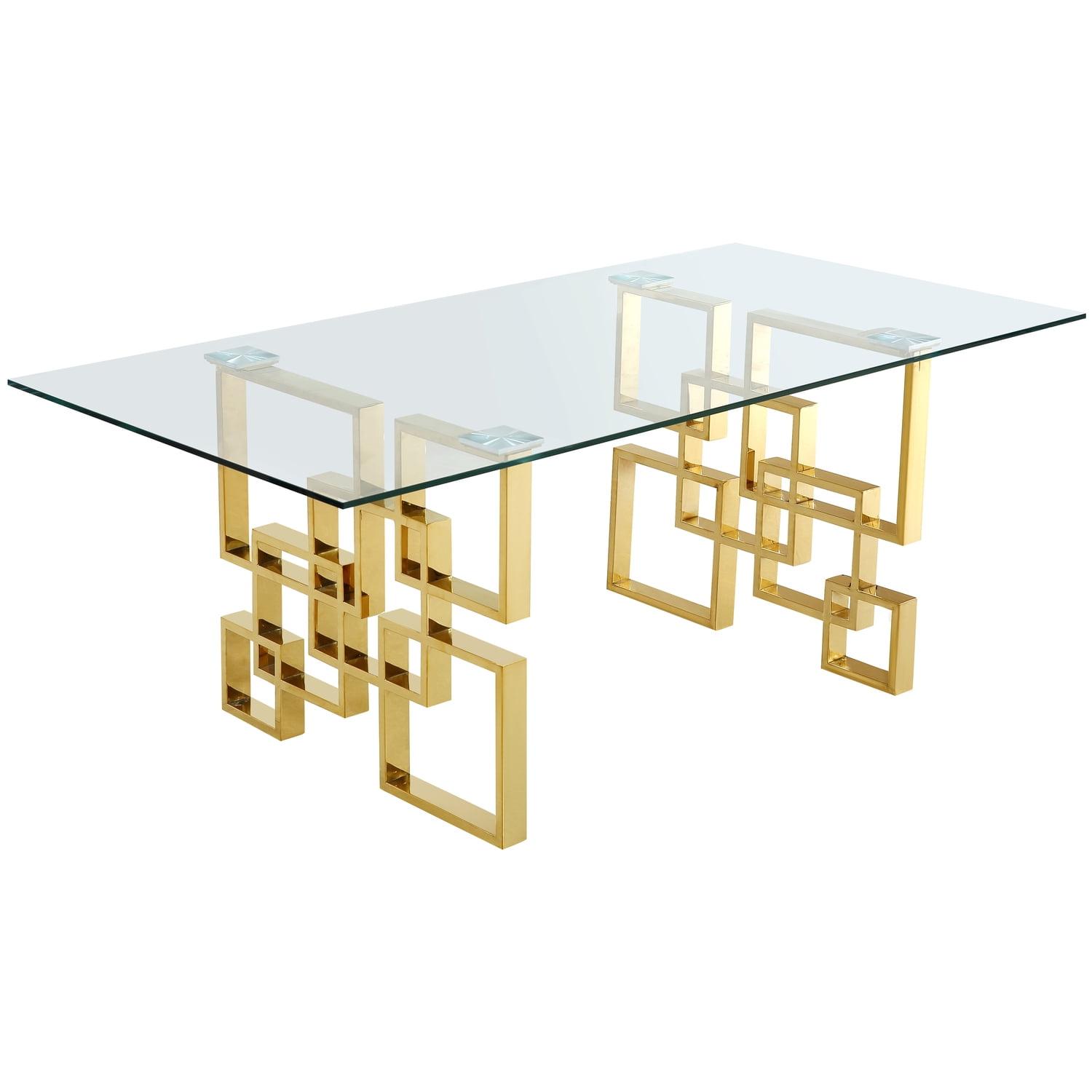 Contemporary Gold Geometric Glass Dining Table, 78"