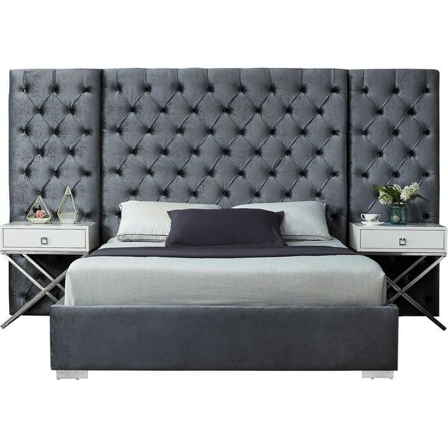 Meridian Furniture Grande Solid Wood and Velvet King Bed in Gray