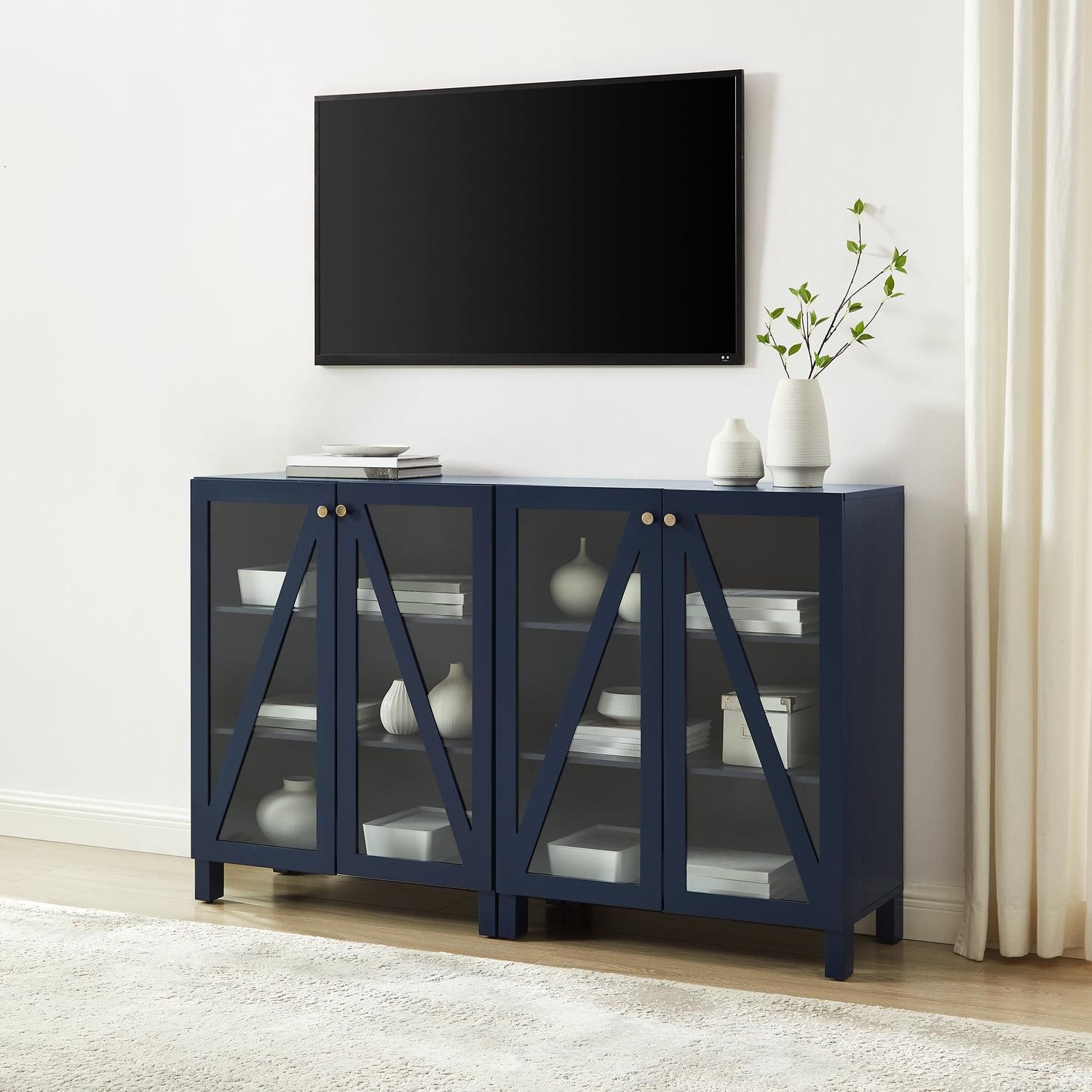 Navy 60" Media Sideboard Cabinet with Glass Doors and Shelves