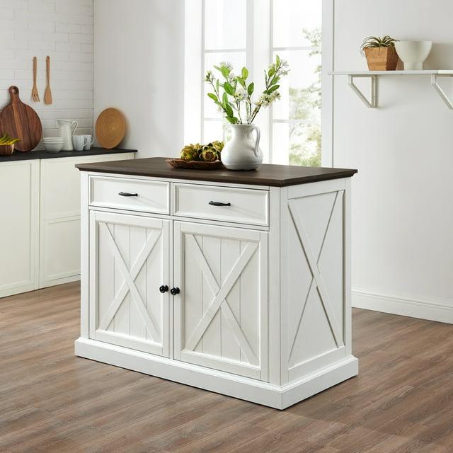 Clifton Kitchen Island Distressed White/Brown - Crosley: Adjustable Shelves, Storage Cart, Farmhouse Design