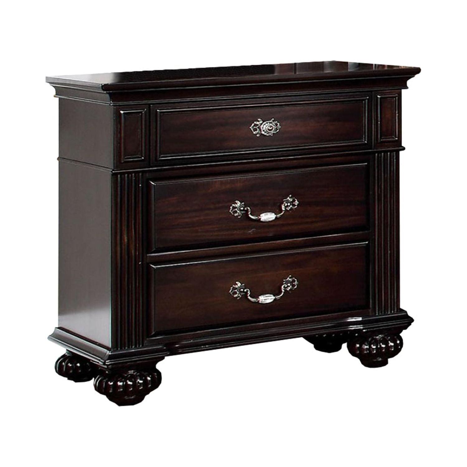 Syracuse Luxe 3-Drawer Nightstand in Dark Walnut with Antique Brass Accents