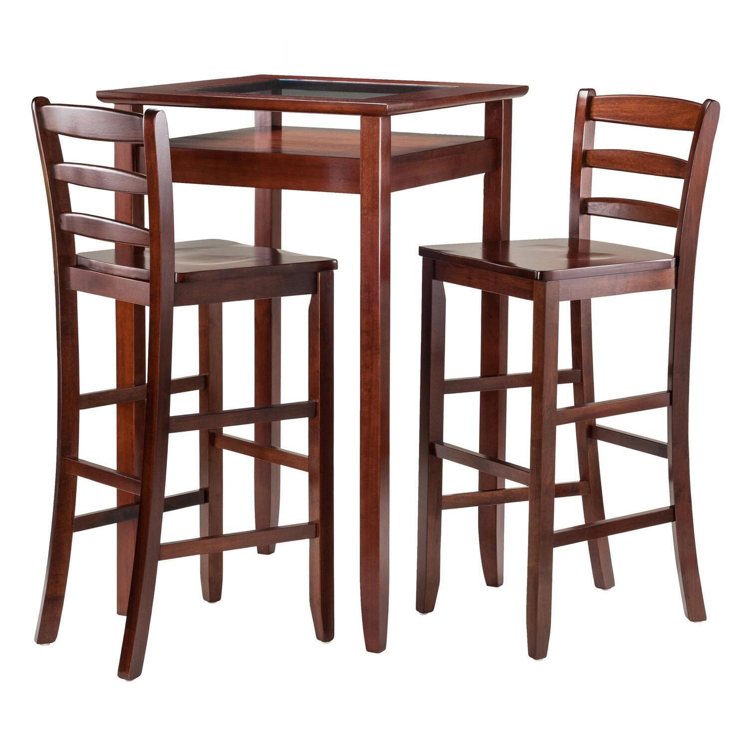 Walnut Transitional Pub Table with Glass Inset and 2 Chairs