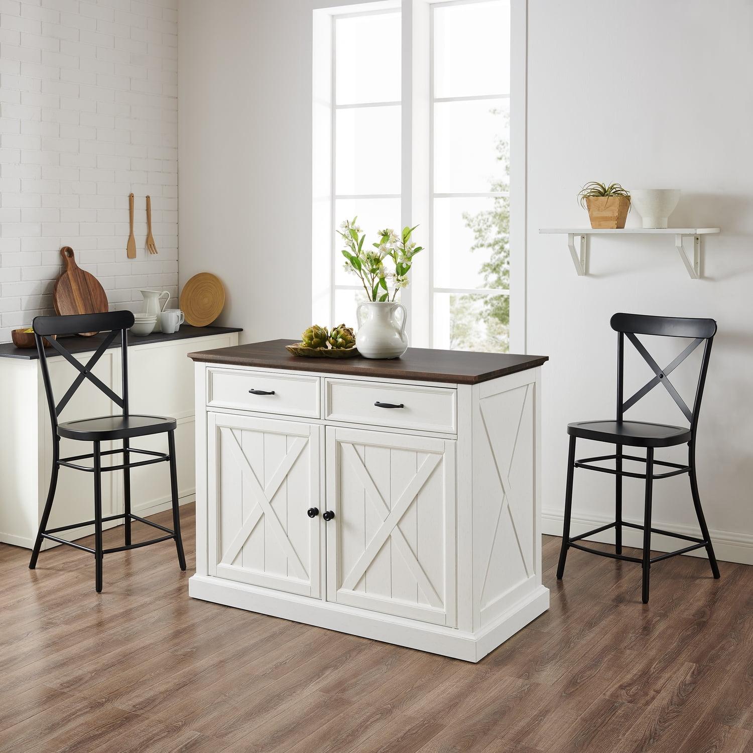 Distressed White Kitchen Island with Black Stools