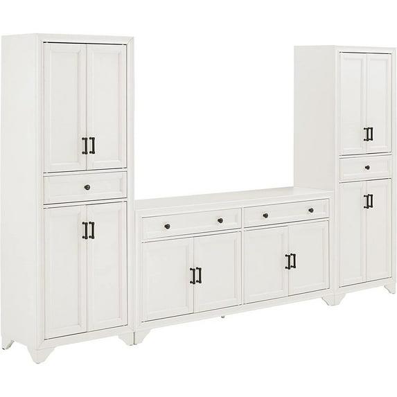 3pc Tara Sideboard and Pantry Set Distressed White - Crosley: Kitchen Storage, Adjustable Shelves, MDF