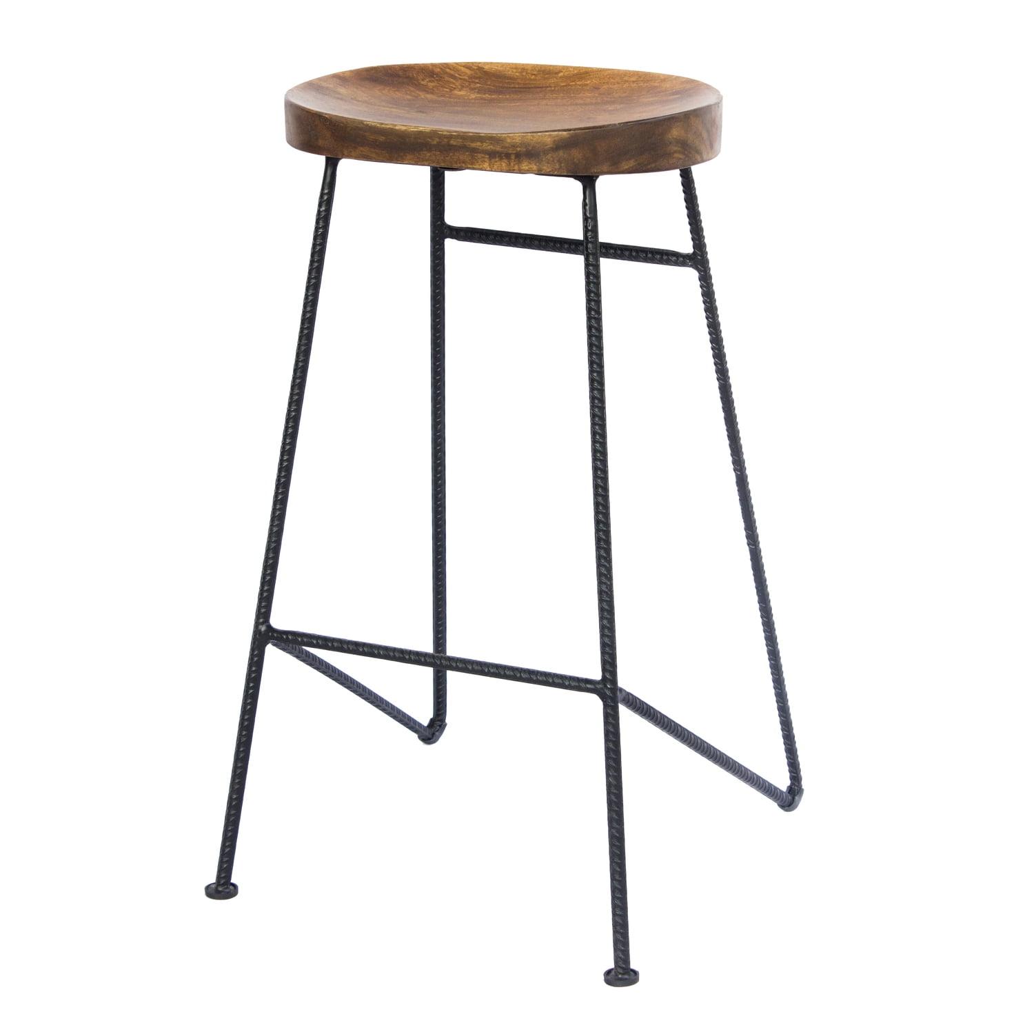 Wooden Saddle Seat Barstool with Iron Rod Legs Brown/Black - The Urban Port: Fixed Height, Polished Finish, Spot Clean