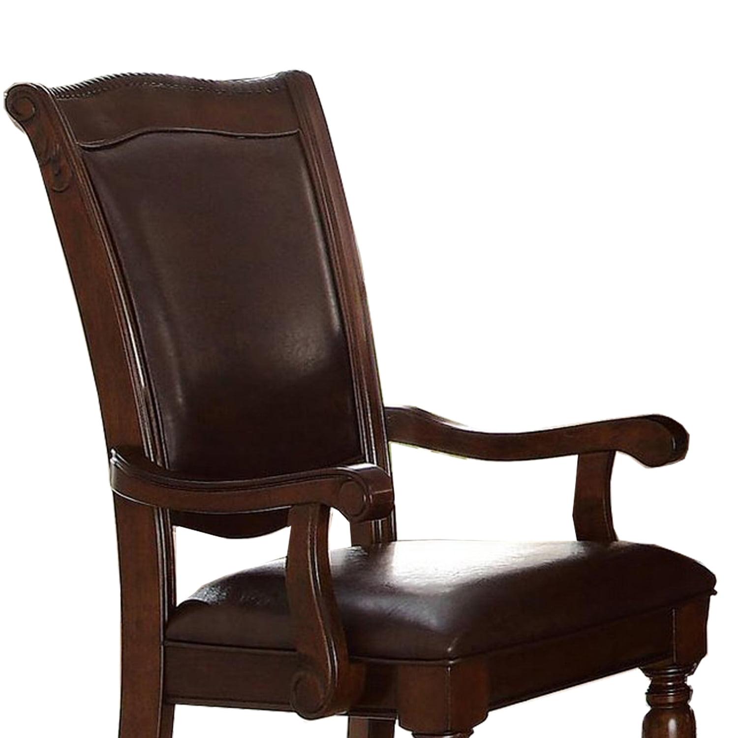 Grandiose Brown Cherry Wood & Faux Leather Dining Arm Chair, Set of 2