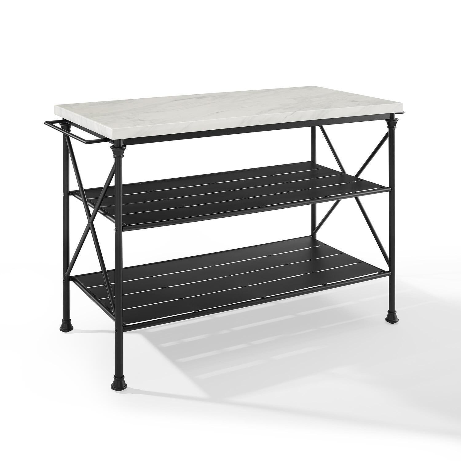 Crosley Madeleine Kitchen Island Matte Black: French Industrial Style, Steel Base, Open Storage Shelves, Towel Bars