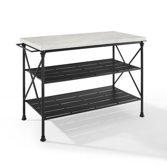 Crosley Madeleine Kitchen Island Matte Black: French Industrial Style, Steel Base, Open Storage Shelves, Towel Bars