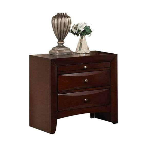 Contemporary Style Wooden Nightstand with Three Drawers & Metal Knobs, Brown - 25.39 x 16.81 x 25.63 in.