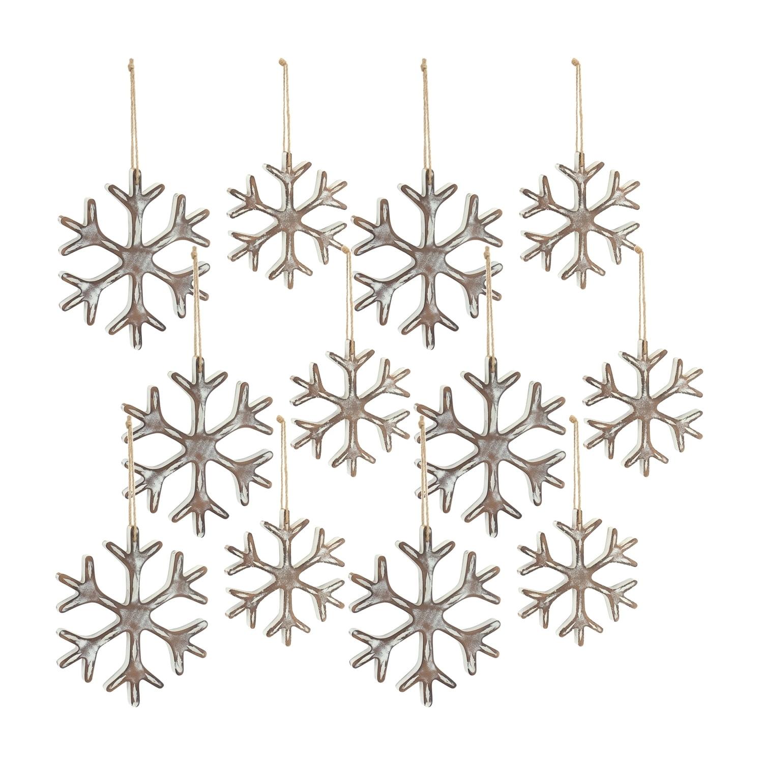 Rustic Brown and White Wooden Snowflake Ornament Set