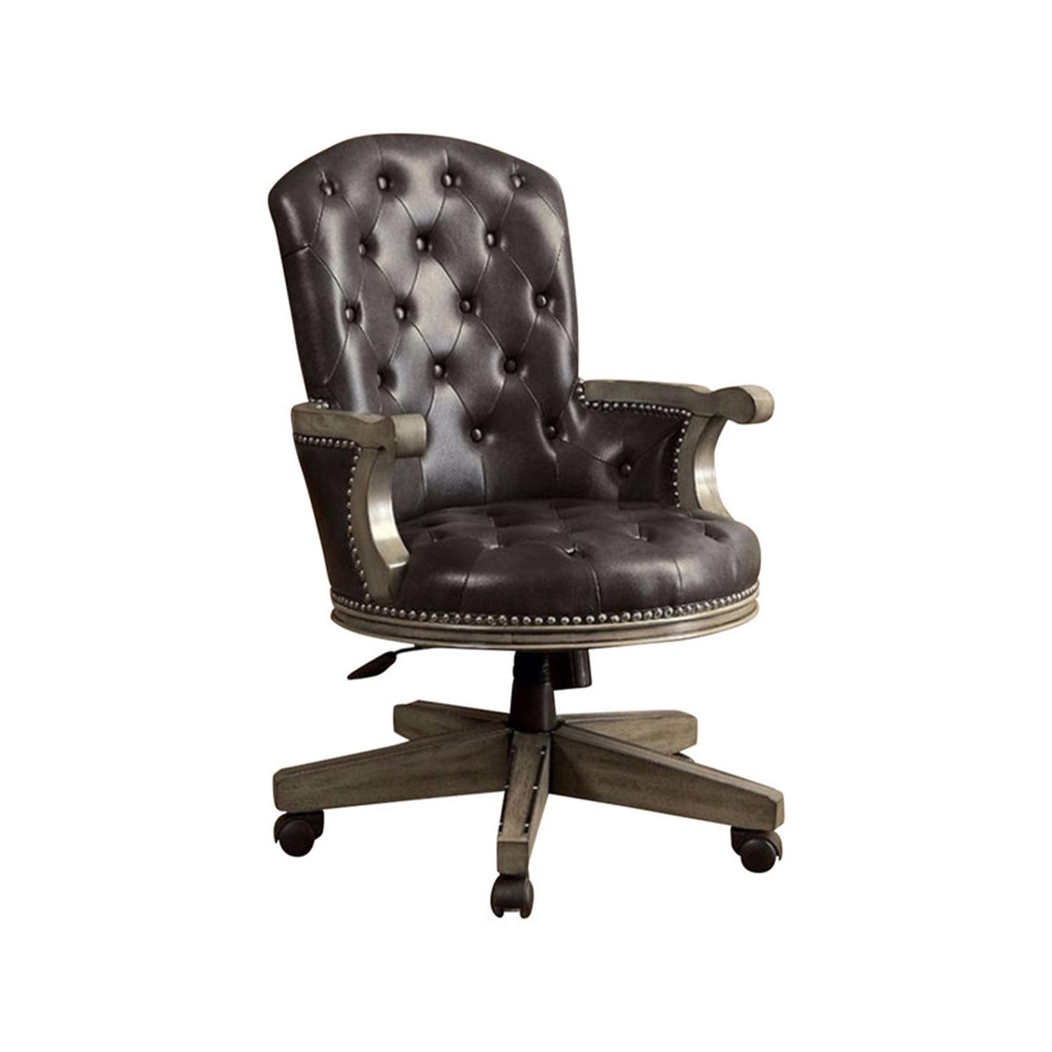 Elegant Black Leather Adjustable Office Chair with Wood Accents