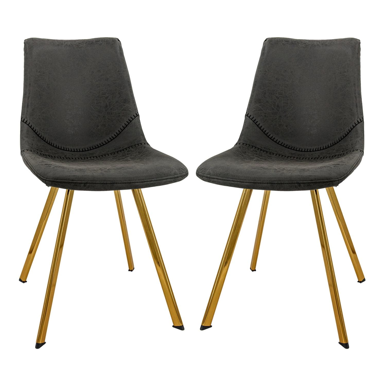 Charcoal Black Leather Dining Chairs with Gold Metal Legs, Set of 2