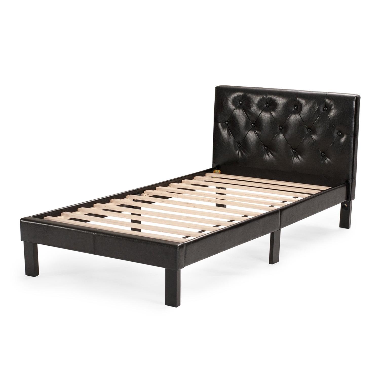 Sleek Twin Black Faux Leather Upholstered Bed with Tufted Headboard